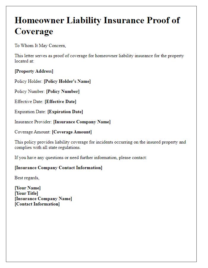 Letter template of homeowner liability insurance proof of coverage