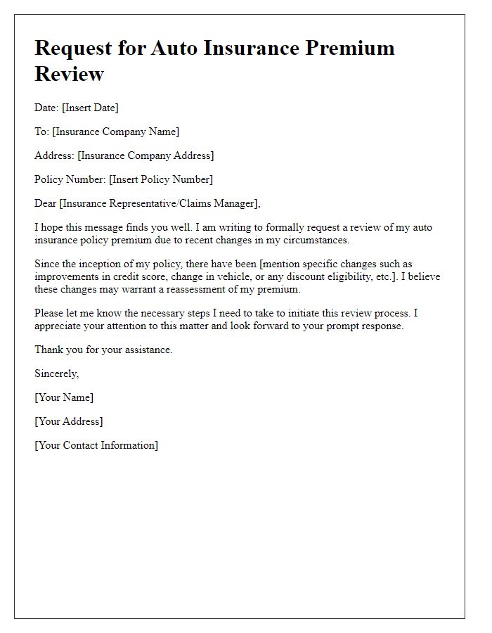 Letter template of policy premium review request for auto insurance.