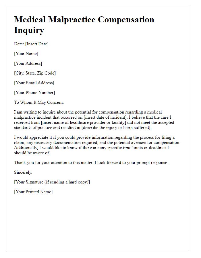 Letter template of medical malpractice compensation inquiry