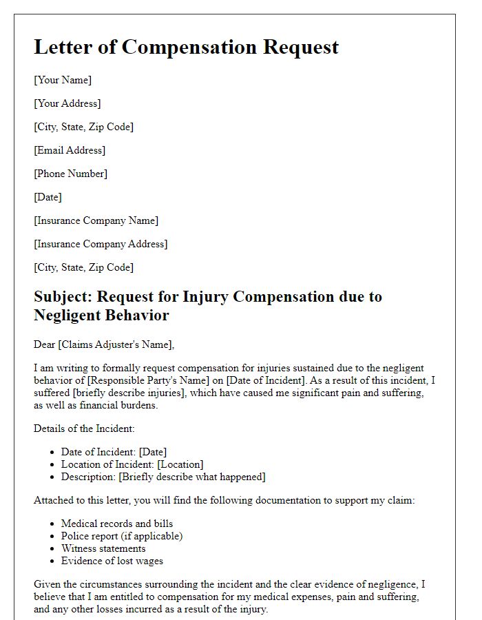 Letter template of negligent behavior injury compensation