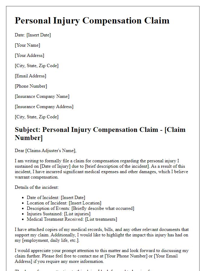 Letter template of personal injury compensation claim