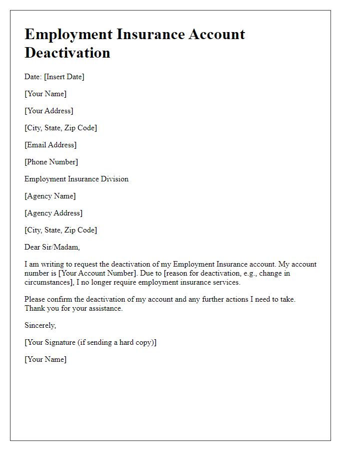 Letter template of employment insurance account deactivation