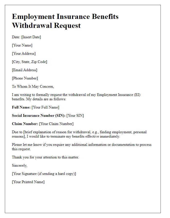 Letter template of employment insurance benefits withdrawal