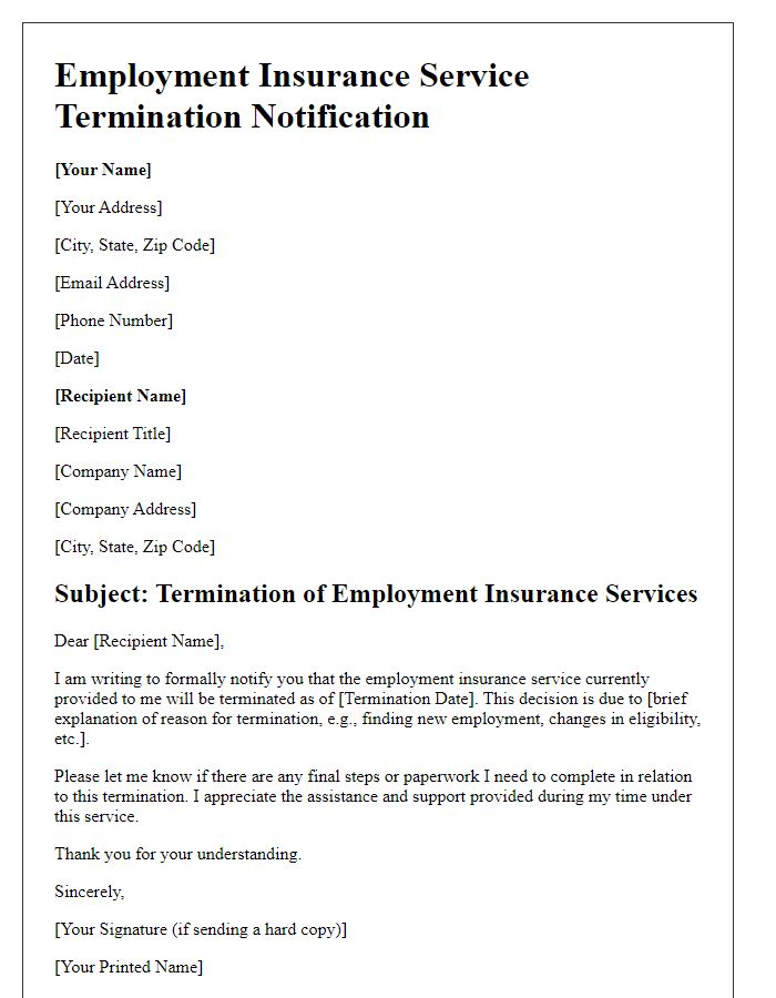 Letter template of employment insurance service termination