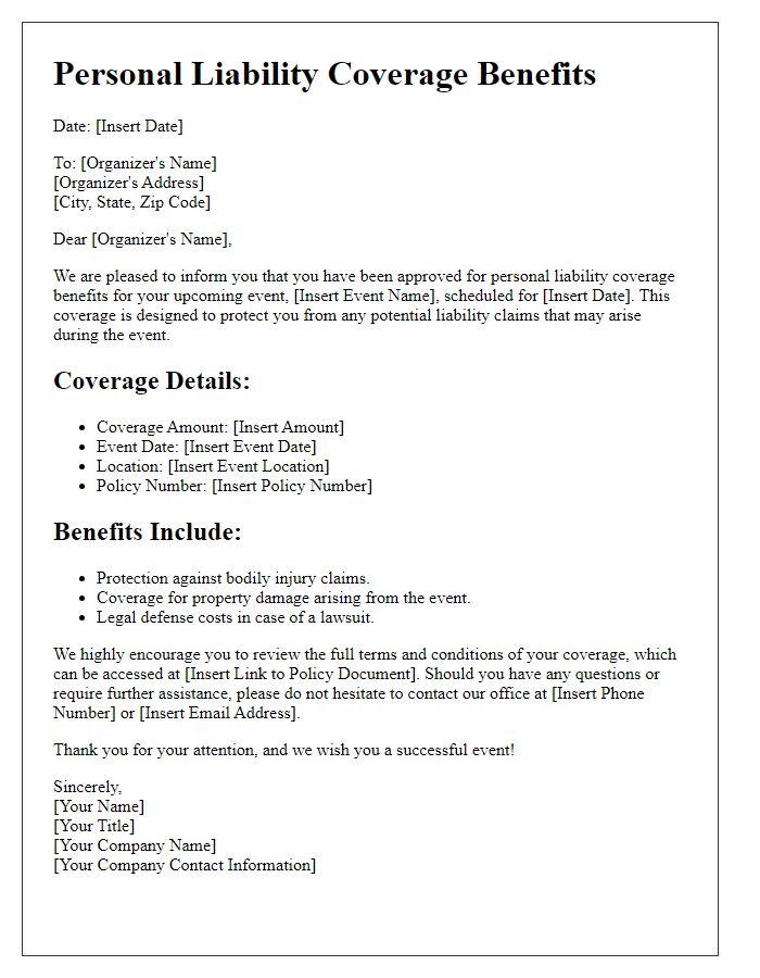 Letter template of personal liability coverage benefits for event organizers