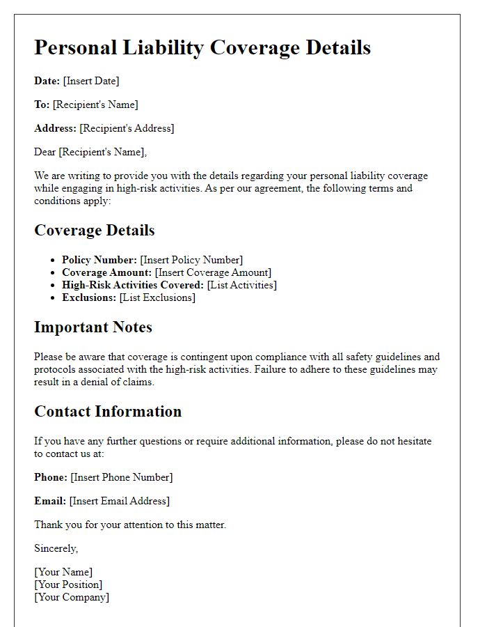 Letter template of personal liability coverage details for high-risk activities