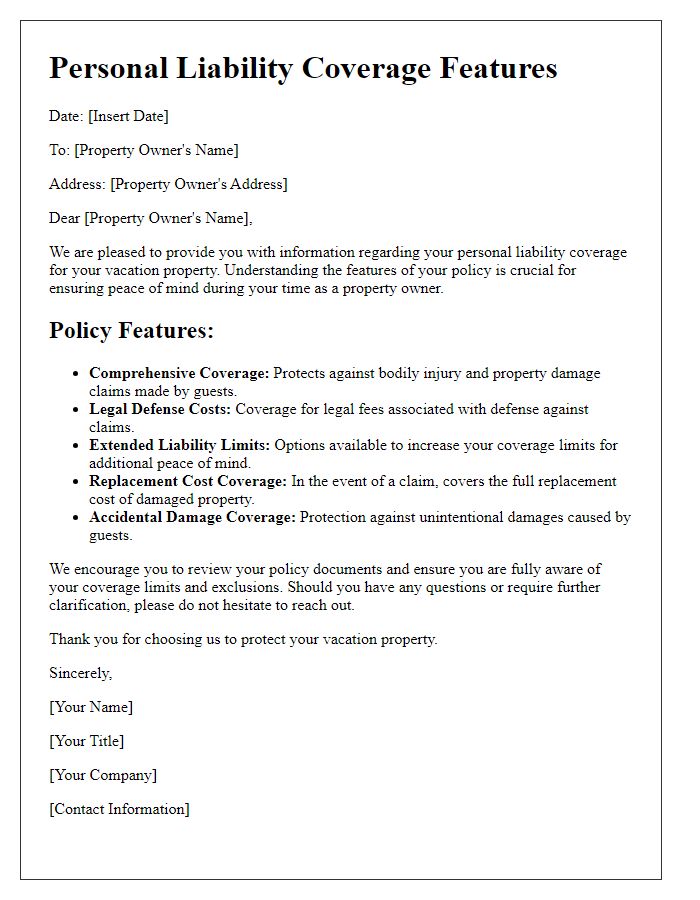 Letter template of personal liability coverage features for vacation property owners