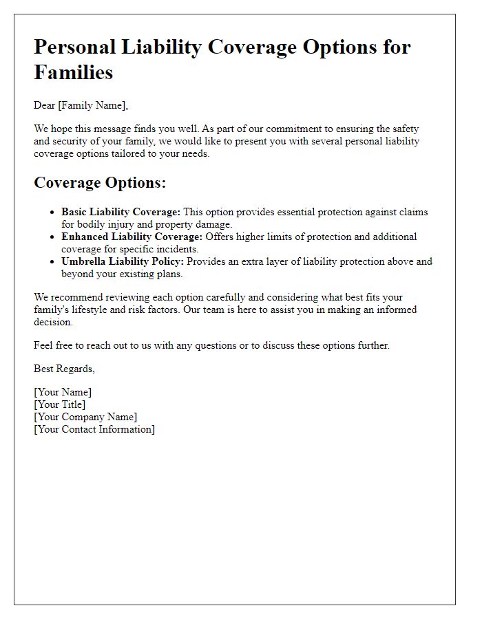 Letter template of personal liability coverage options for families