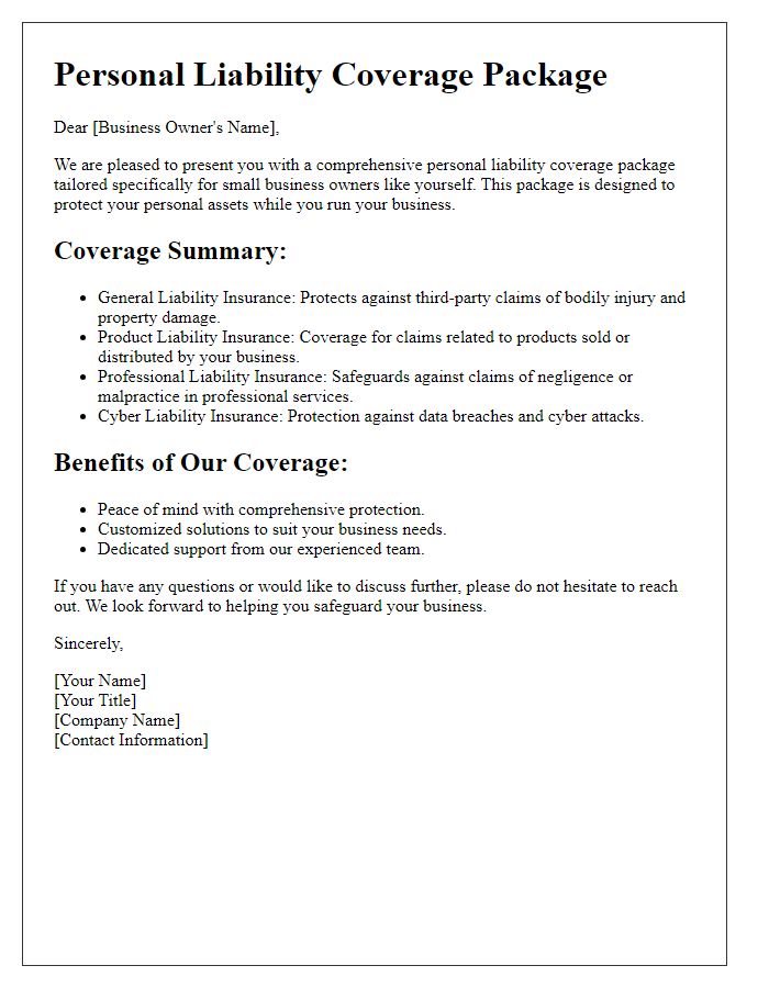 Letter template of personal liability coverage package for small business owners