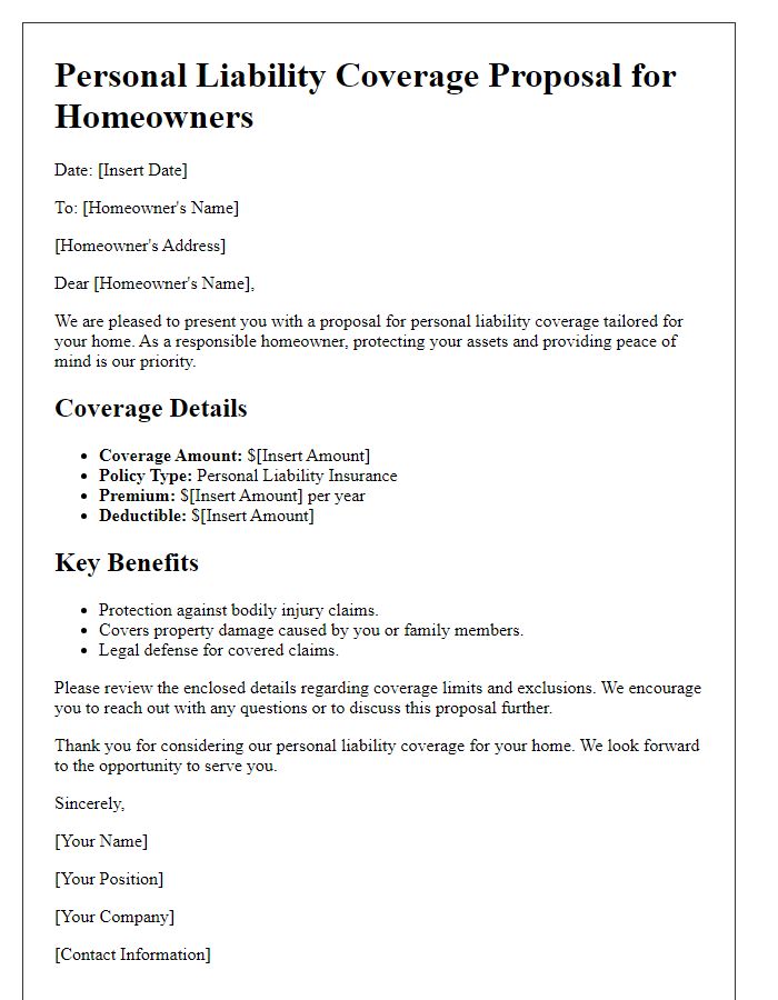 Letter template of personal liability coverage proposal for homeowners