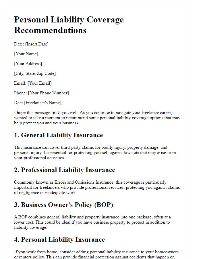 Letter template of personal liability coverage recommendations for freelancers