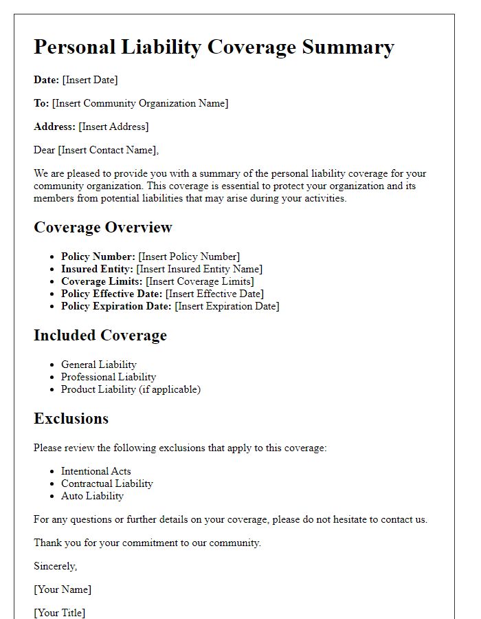 Letter template of personal liability coverage summary for community organizations