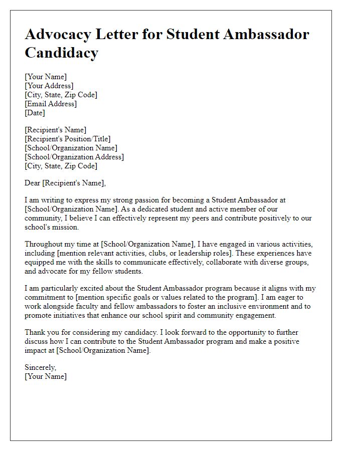 Letter template of advocacy for student ambassador candidacy