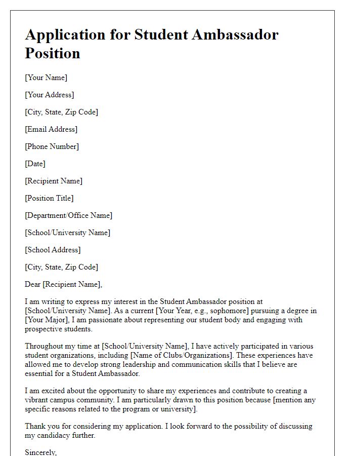 Letter template of application for student ambassador position