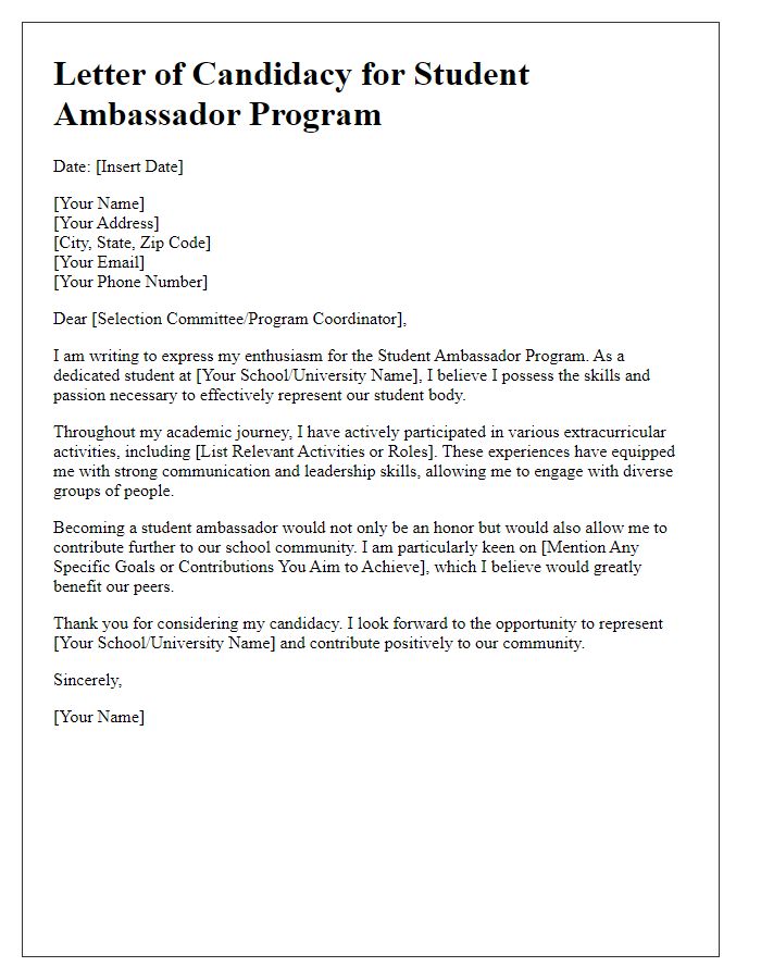 Letter template of candidacy for student ambassador program