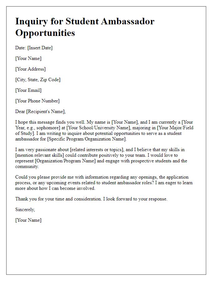 Letter template of inquiry for student ambassador opportunities