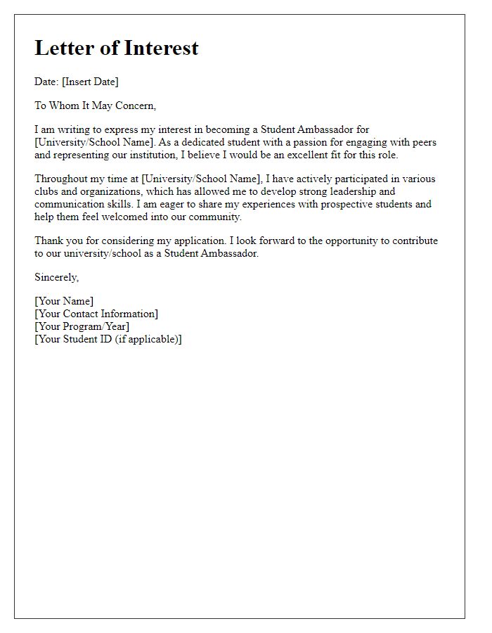 Letter template of interest in becoming a student ambassador