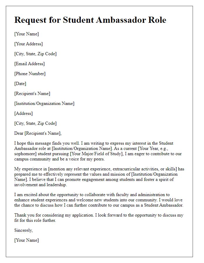 Letter template of request for student ambassador role