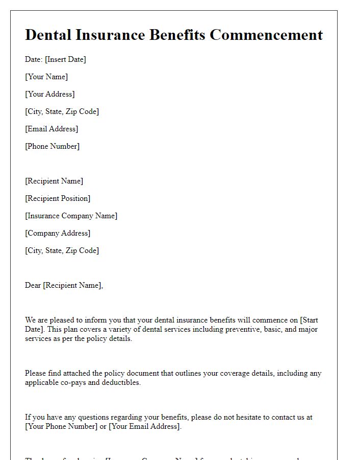 Letter template of dental insurance benefits commencement