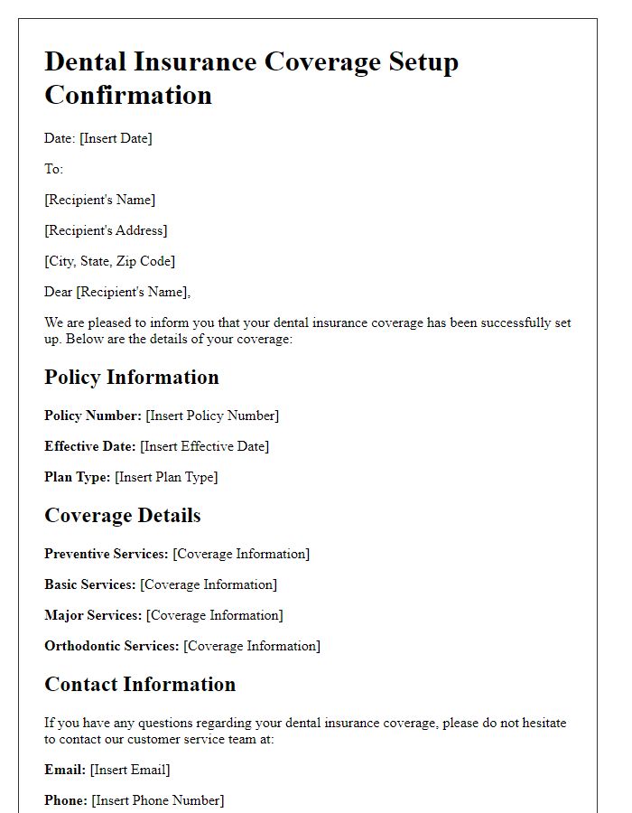 Letter template of dental insurance coverage setup