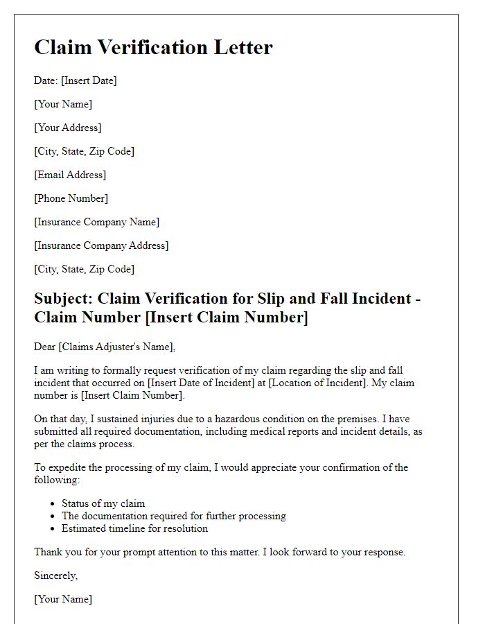 Letter template of claim verification for slip and fall incident