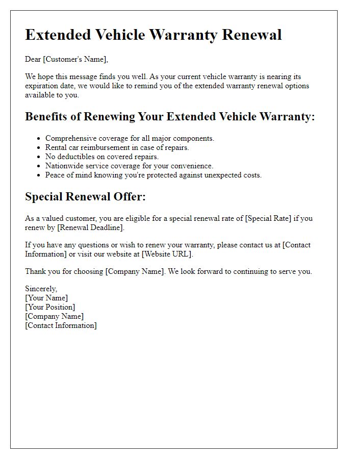 Letter template of extended vehicle warranty renewal benefits