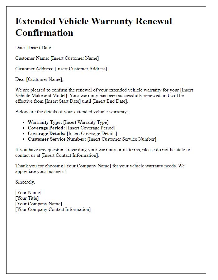 Letter template of extended vehicle warranty renewal confirmation