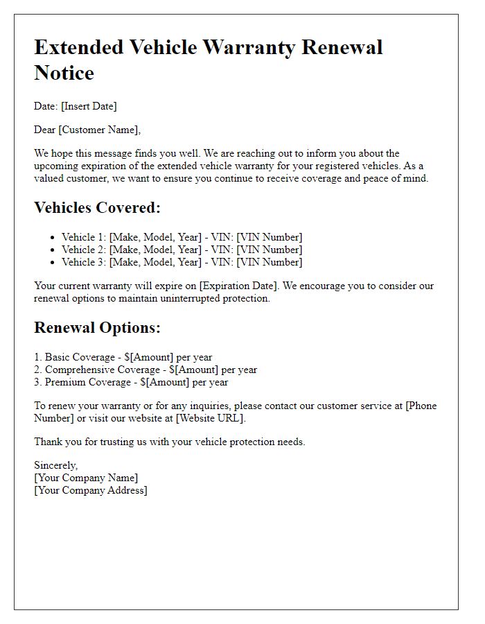 Letter template of extended vehicle warranty renewal for multiple vehicles