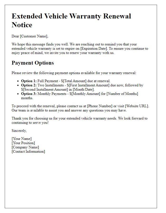 Letter template of extended vehicle warranty renewal payment options