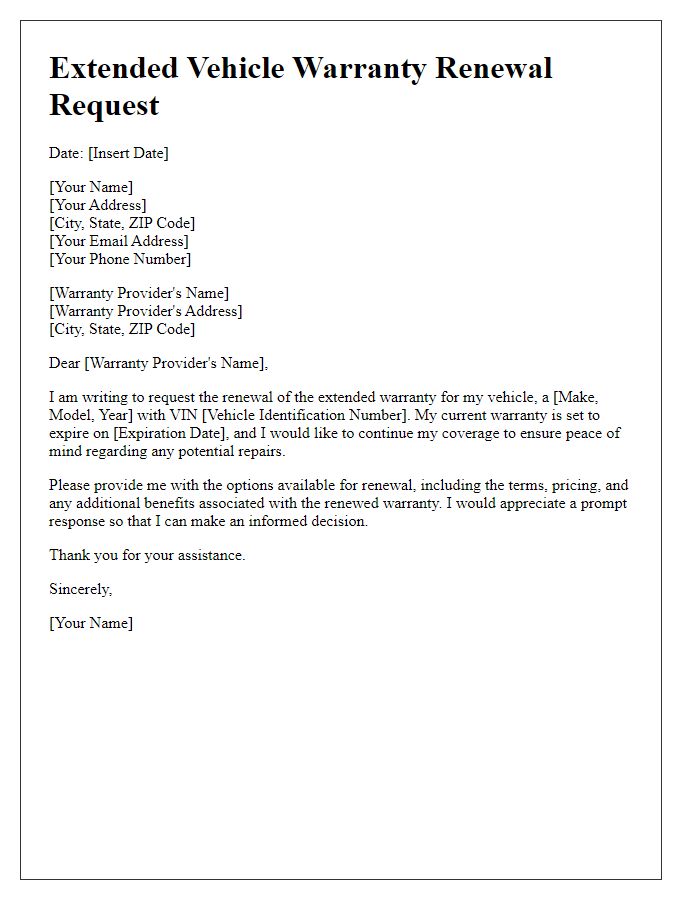 Letter template of extended vehicle warranty renewal request