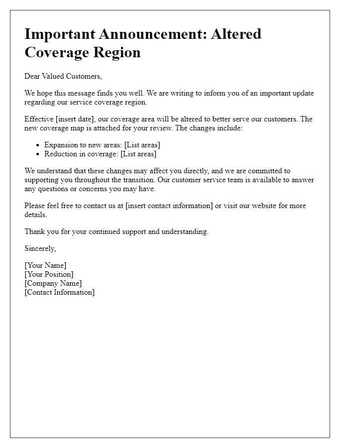 Letter template of announcement for altered coverage region