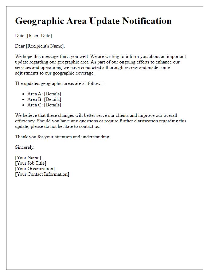 Letter template of communication for geographic area update