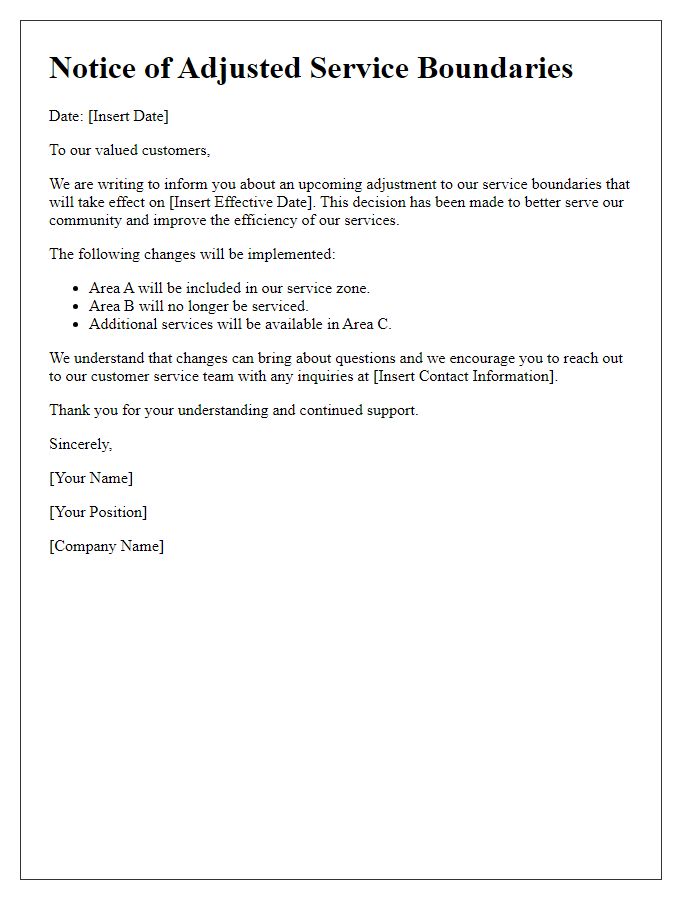 Letter template of notice on adjusted service boundaries