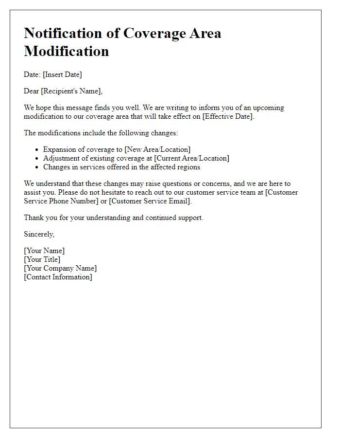 Letter template of notification for coverage area modification