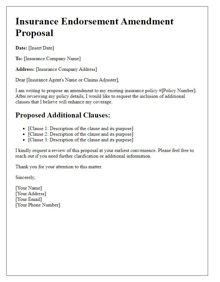 Letter template of insurance endorsement amendment proposal for additional clauses