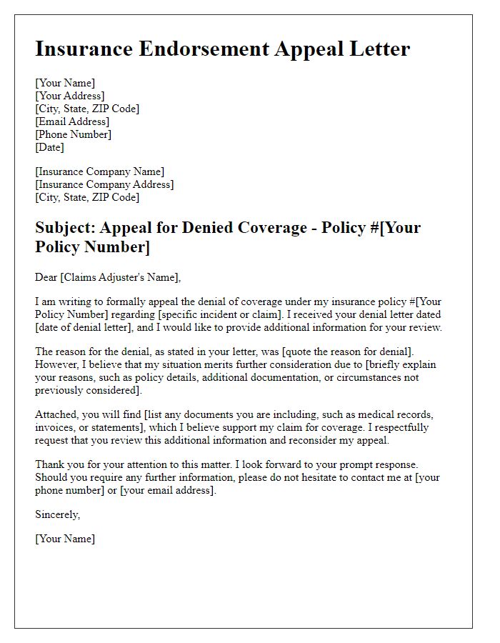 Letter template of insurance endorsement appeal for denied coverage