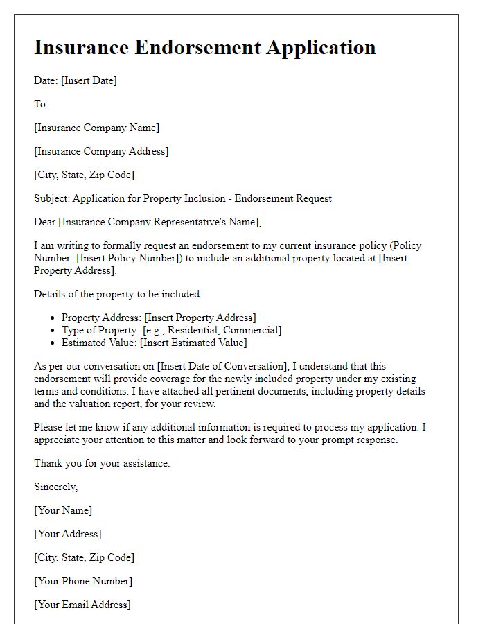 Letter template of insurance endorsement application for property inclusion