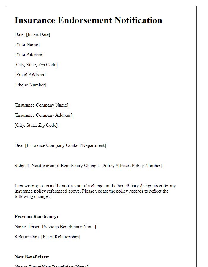 Letter template of insurance endorsement notification for beneficiary change