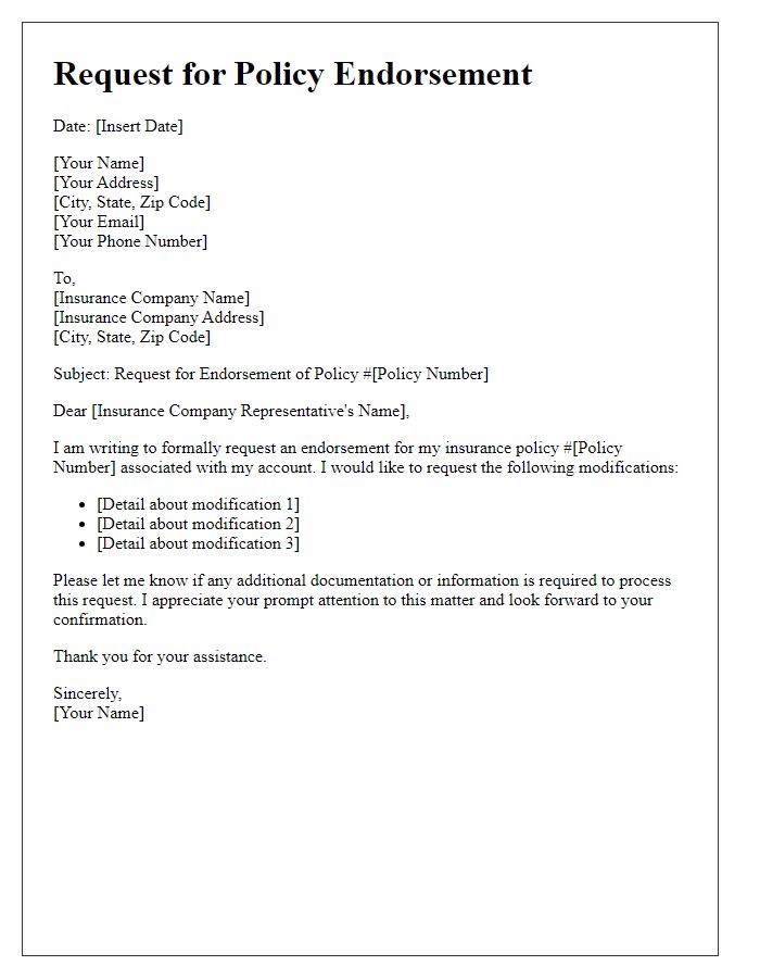 Letter template of insurance endorsement request for policy modification