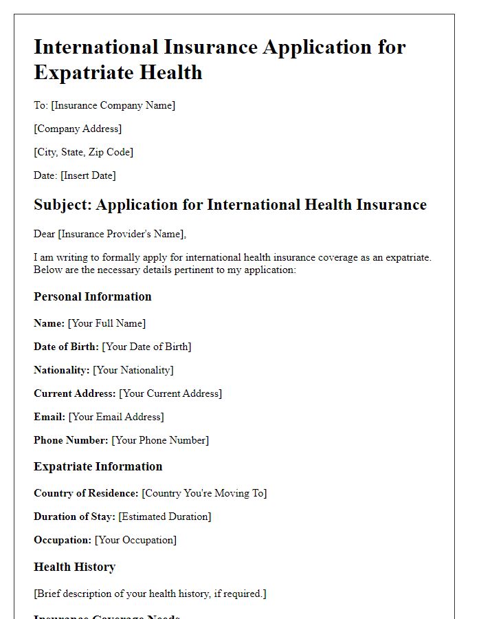 Letter template of international insurance application for expatriate health.