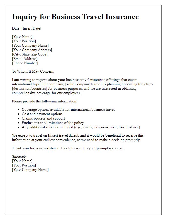 Letter template of international insurance inquiry for business travel insurance.