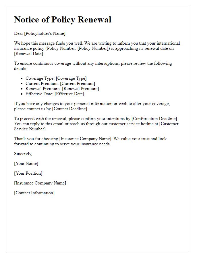 Letter template of international insurance renewal notification for policyholders.