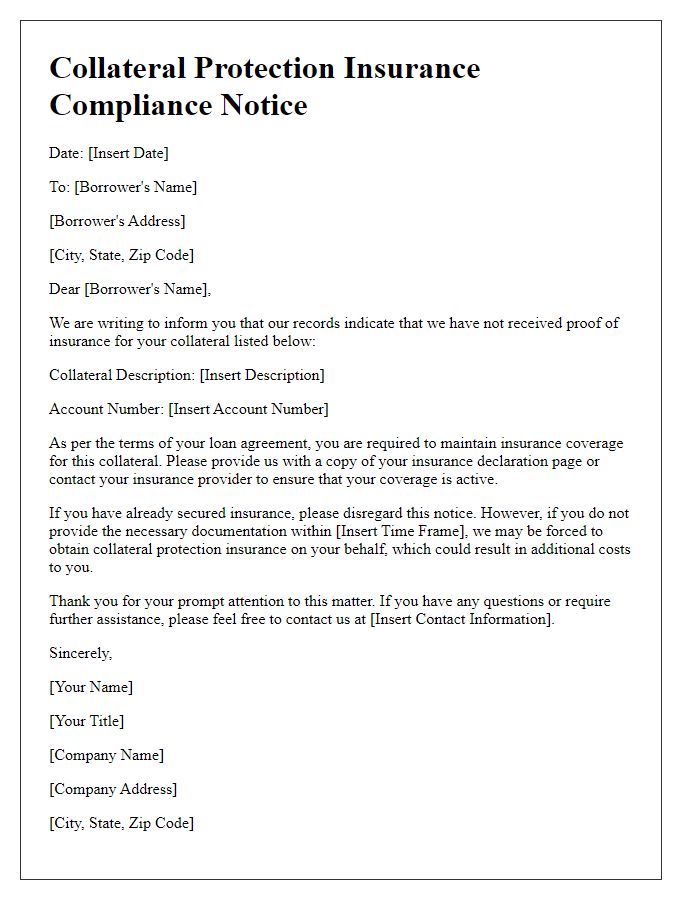 Letter template of collateral protection insurance compliance notice