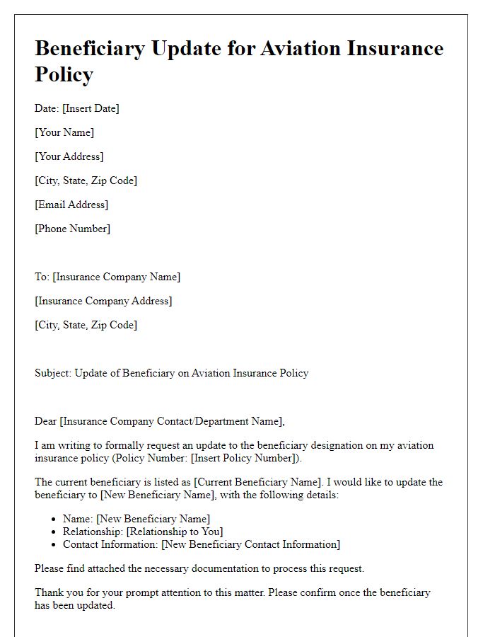 Letter template of aviation insurance policy beneficiary update