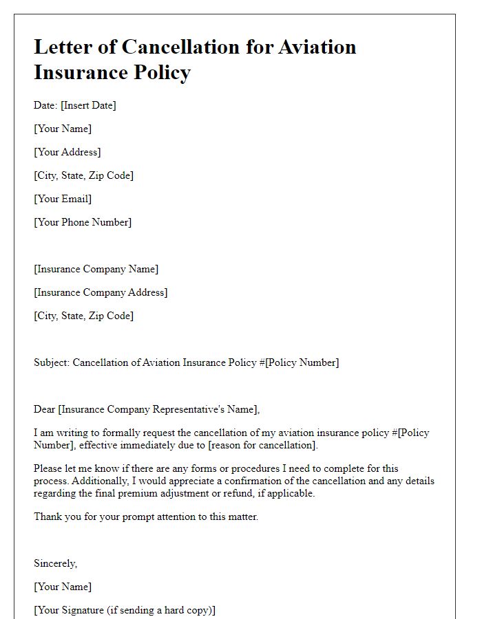 Letter template of aviation insurance policy cancellation