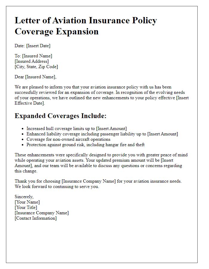 Letter template of aviation insurance policy coverage expansion