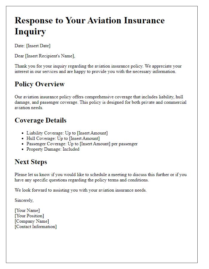 Letter template of aviation insurance policy inquiry response