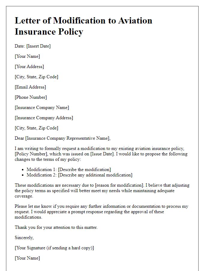 Letter template of aviation insurance policy term modification