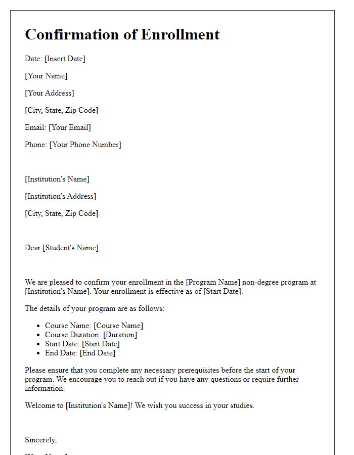 Letter template of confirmation of enrollment in a non-degree program