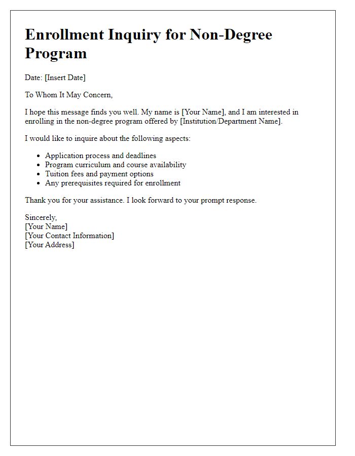 Letter template of enrollment inquiry for a non-degree program